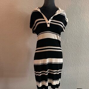 Moncler Midi Dress – Black/White with Gold Stripe Detailing
Size Small